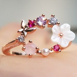 Rose Gold Flower & Butterfly Circle Halo Ring